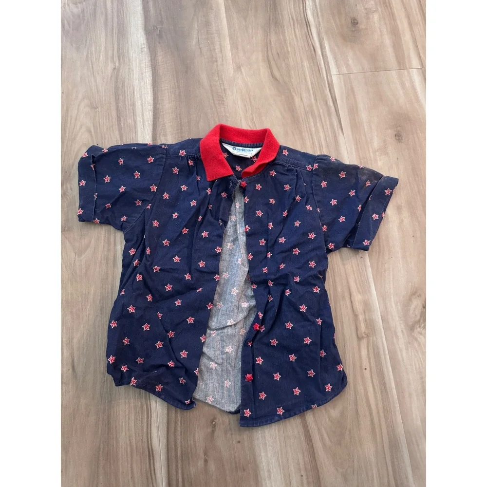 Vtg OshKosh B'gosh Kids Blue Red Star Print Button Down Shirt Size 6‎ in USA t2